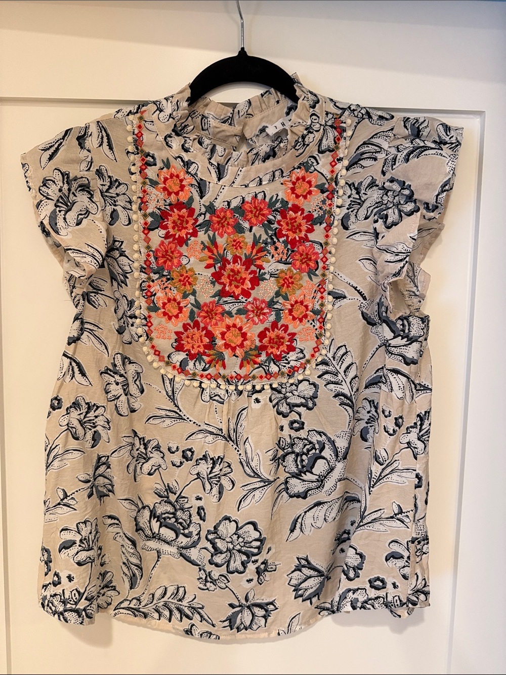 Thml floral embroidered ruffle shoulder top